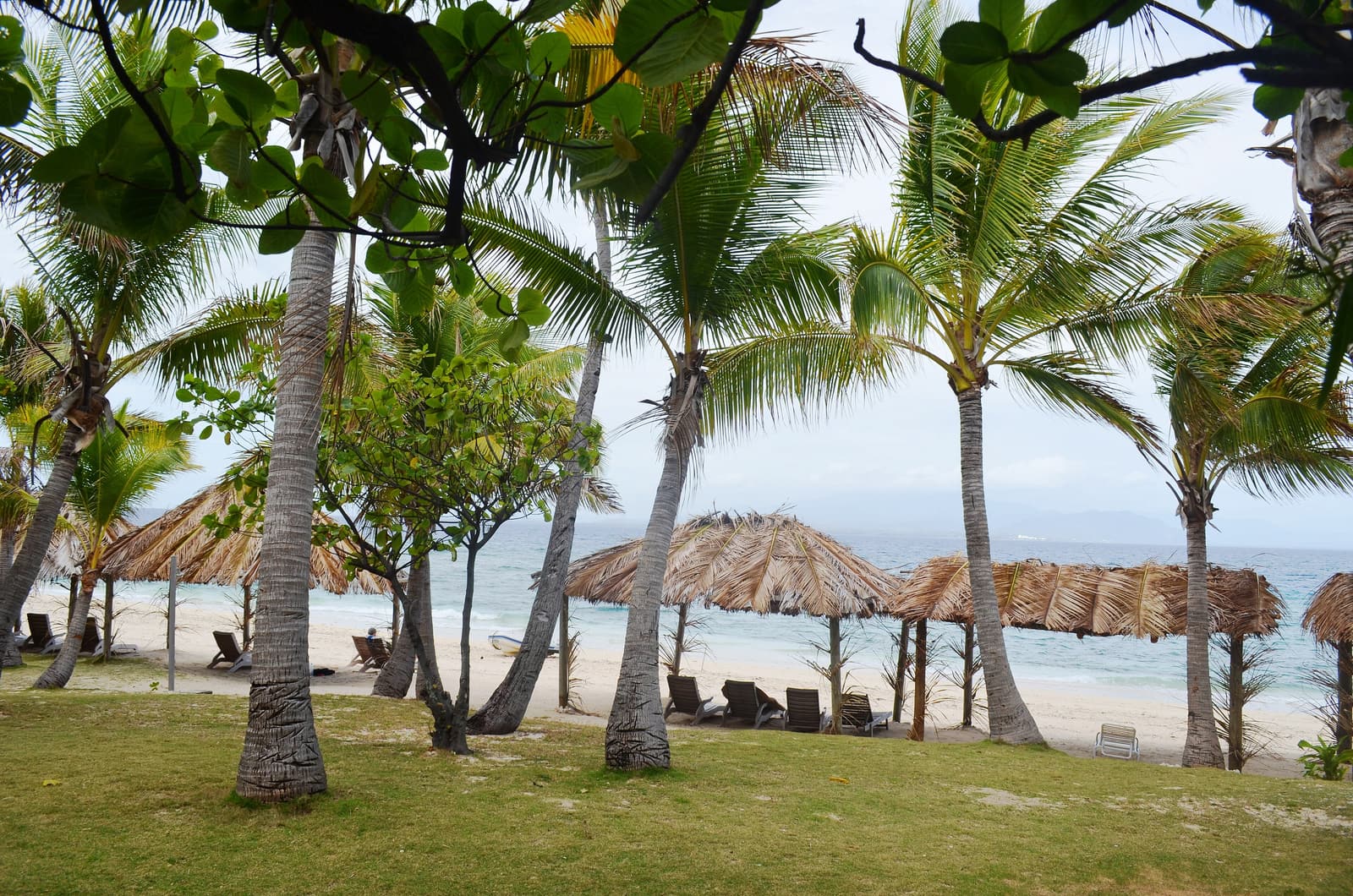 Thatched beach shelters under palms on Bounty Island (Kadavu Lailai), near South Sea Island