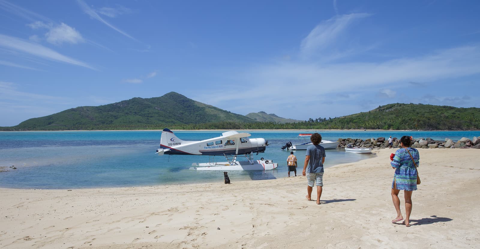A floatplane arriving at a beach resort in the Yasawa Islands